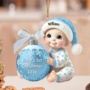 Baby Holding Christmas Bauble โ Baby's 1st Christmas Personalized Ornament