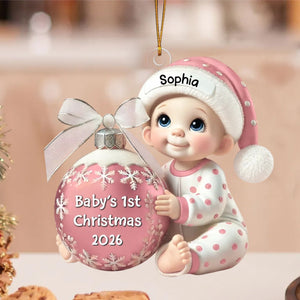 Baby Holding Christmas Bauble โ Baby's 1st Christmas Personalized Ornament