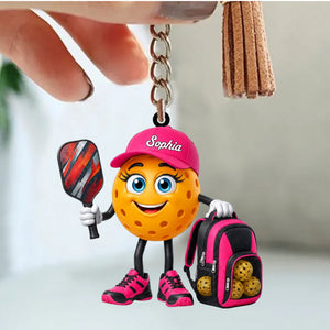 Holding Pickleball Paddle Keychain - Personalized Pickleball Mascot Keychain Gift for Male & Female Pickleball Player