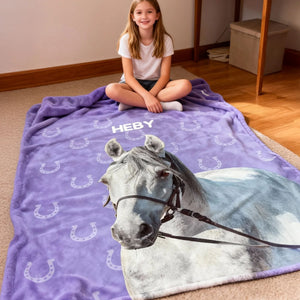 Personalized Painted Horse Photo Horseshoe Blanket with Name,Home Decor,Birthday Gifts for Horse Lovers Family Friends