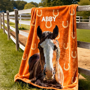 Personalized Painted Horse Photo Horseshoe Blanket with Name,Home Decor,Birthday Gifts for Horse Lovers Family Friends