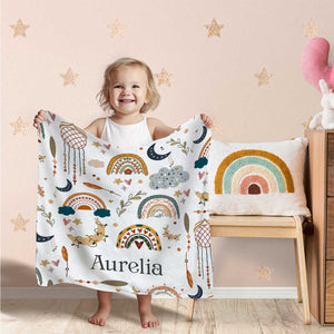 Personalized Toddler Blanket – Custom Name Boho Rainbow Baby Blanket, Unique Baby Shower Gift for Newborn & Kids