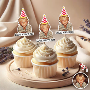 Funny Birthday Party Decor โ Custom Retro Childhood Photo Personalized Cupcake Topper