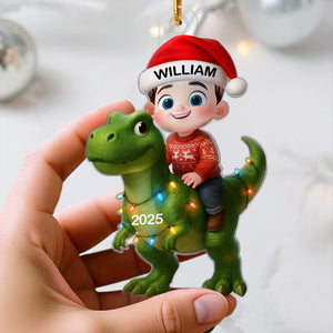 Cute Cartoon Kid With Dinosaur Christmas Personalized Flat Acrylic Ornament, Fun & Unique Gift For Kids, Grandkids