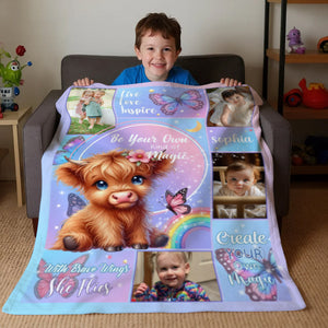 Personalized Floral Highland Cow Butterfly Soft Throw Blanket with Name and Photos
