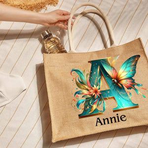 Personalized Coral Magnificent Butterfly Letter Name Jute Tote Bag
