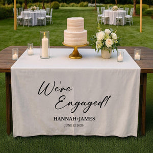 We’re Engaged - Personalized Wedding Table Runner, Rustic Cake Table Decoration Sign Gift