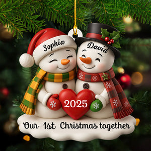 Our Christmas Together, Snowmen With Hearts and Holly, Personalized Acrylic Ornament, Gift for Couples and Family
