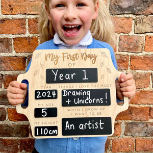 Personalized First Day of School Sign with handle - Reusable Memory Photo Board | Back To School | Starting School Nursery Preschool