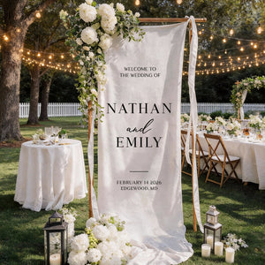 Personalized Wedding Welcome Sign โ Custom Fabric Banner for Weddings, Bridal Showers & Special Events