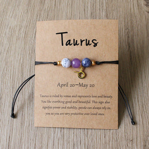 Natural Stone Hand Woven Bracelet With Twelve Constellations Paper Card