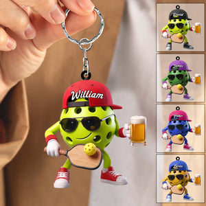 Playing Pickleball & Beer Toast Post Keychain - Personalized Cool Pickleball Ball Mascot Keychain