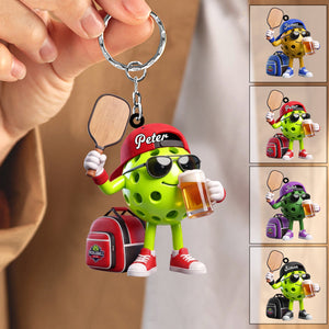 Sunglasses And Beer Pickleball Keychain - Personalized Cool Pickleball Ball Mascot Keychain