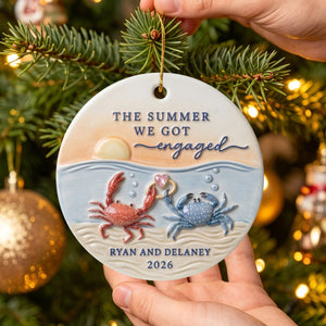 Personalized "The Summer We Got Engaged" Crab Ceramic Ornament – Custom Couple Names & Year | Beach Sunset Keepsake For Newly Engaged Couples