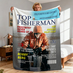 Personalized Ice Fishing Magazine Cover Blanket Fishing Gifts for Men, Fishing Gifts for Him, Fishing Lover Gift