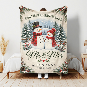 Snowman Couple First Christmas Personalized Blanket – Cozy Fireplace First Christmas Couple Keepsake