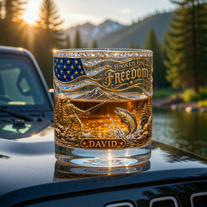 Personalized "Hooked On Freedom" Fishing Whiskey Glass โ Gift For Fishing Lovers