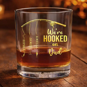 Personalized "Hooked On Daddy" Whiskey Glass โ Fishing Gift For Dad