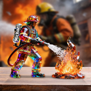 Firefighter Figurine Stained Glass Crystal Effect Personalized Acrylic Plaque, Firefighter Gift