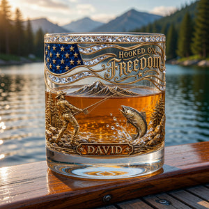 Personalized "Hooked On Freedom" Fishing Whiskey Glass โ Gift For Fishing Lovers