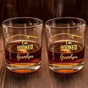 Personalized "Hooked On Daddy" Whiskey Glass โ Fishing Gift For Dad