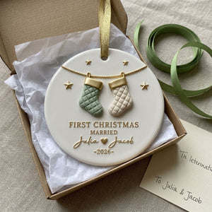 Our First Christmas Married – Personalized Ceramic Ornament | Custom Couple Names & Year Stocking Keepsake For Newlyweds