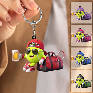 Cheers With Beer Tennis Keychain Personalized Cool Tennis Ball Mascot Keychain
