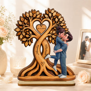 Anniversary Gift For Him & Her – Personalized "Couple Kissing Under Heart Tree" Wooden Plaque