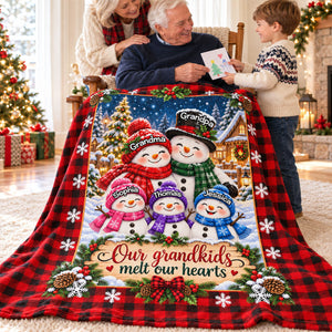 Cute Snowman Grandparents & Grandkids Personalized Fleece Blanket – Christmas Gift For Grandparents