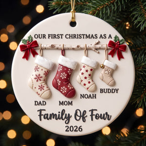 Personalized Family Of 4 Christmas Ceramic Ornament – Custom Names & Pet Stocking Keepsake | First Christmas Gift For Parents & Kids