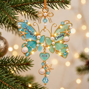 Different wings,same heart - Personalized Sea Glass Butterfly Sisters Christmas Ornament