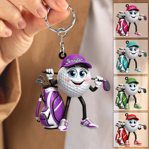 Hold Golf Club Across Shoulders Personalized Golf Ball Mascot Keychain Gift for Male & Female Golfer