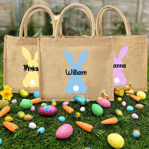 Personalized Easter Bunny Jute bag With Name, Kids Egg Hunt Bags, Easter Basket, Easter Gift Bags