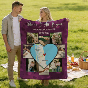 Custom Picture Collage Blanket With Location Map, Personalized Where It All Began Gift, Blankets For Couples
