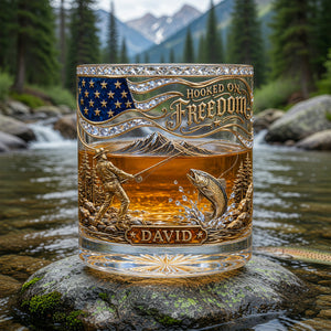 Personalized "Hooked On Freedom" Fishing Whiskey Glass โ Gift For Fishing Lovers