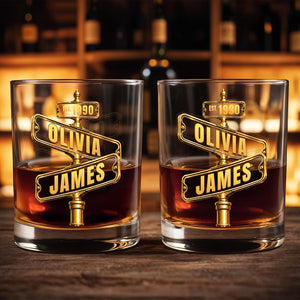 Personalized “Est.” Street Sign Whiskey Glass – Custom Couple Names & Year Gift