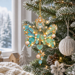 Different wings,same heart - Personalized Sea Glass Butterfly Sisters Christmas Ornament