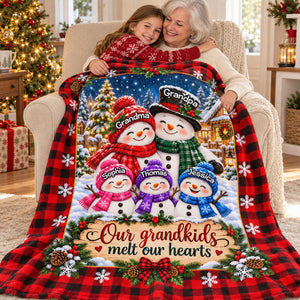 Cute Snowman Grandparents & Grandkids Personalized Fleece Blanket – Christmas Gift For Grandparents