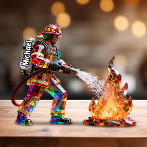 Firefighter Figurine Stained Glass Crystal Effect Personalized Acrylic Plaque, Firefighter Gift