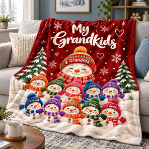 Personalized Grandkids Snowman Christmas Fleece Blanket – Custom Grandchildren’s Names Throw | Holiday Gift For Grandma & Nana