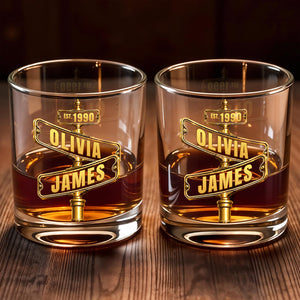Personalized “Est.” Street Sign Whiskey Glass – Custom Couple Names & Year Gift