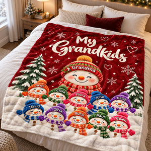 Personalized Grandkids Snowman Christmas Fleece Blanket – Custom Grandchildren’s Names Throw | Holiday Gift For Grandma & Nana