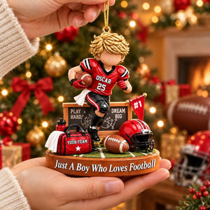 Personalized Just A Boy Who Loves Football Ornament, Custom Player Name & Number Christmas Gift