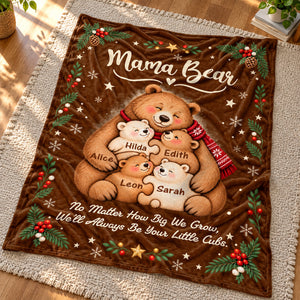 Personalized Mama Bear Christmas Blanket – Custom Kids' Names Bear Family Fleece Blanket, Christmas Gift For Mom From Her Children