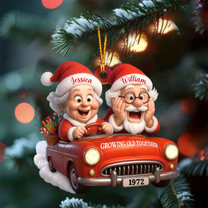 Growing Old Together With Santa Claus In Vintage Car,Custom Acrylic Ornament,Gift For Couples And Grandparents