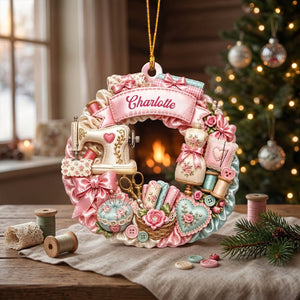 Custom Name Sewing Machine Wreath,Personalized Christmas Ornament Gift For Sewing Lovers