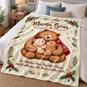 Personalized Mama Bear Christmas Blanket – Custom Kids' Names Bear Family Fleece Blanket, Christmas Gift For Mom From Her Children