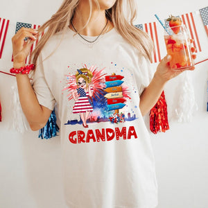Grandma Kids Flower Fireworks- 4th Of July Independence Day - Personalized T-shirt