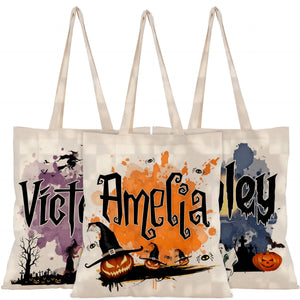 Personalized Halloween Canvas Tote Bag - Pumpkin Witch Black Cat Castle Skeleton Ghost