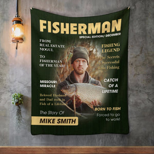 Custom Fishing Magazine Cover Blanket, Personalized Gift For Fishermen,Fishing Dad Gift, Angler Funny Fisherman Gift